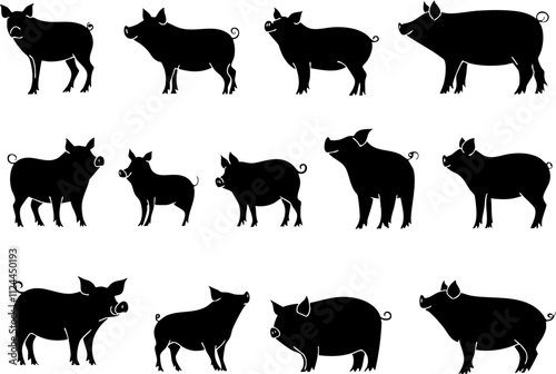 A collection of black silhouette illustrations of pigs in various poses, suitable for farm-themed designs or educational purposes.