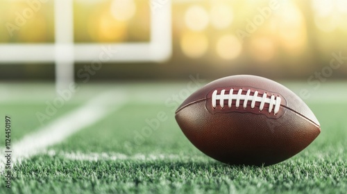 A close-up of a football resting on the field, showcasing its texture and the vibrant green grass in the background, with goalposts slightly blurred.