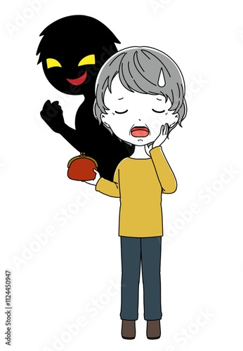 財布を持った落ち込む高齢女性と悪人の素材