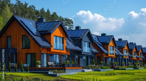 Modern houses with solar panels on sunny day.