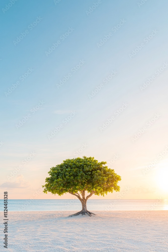 Tropical Beach Sunset with Prominent Tree Symbol of National Roots Day, Earth Day, and Arbor Day Tropical Beach Sunset with Prominent Tree Symbol of National Roots Day, Earth Day, and Arbor Day