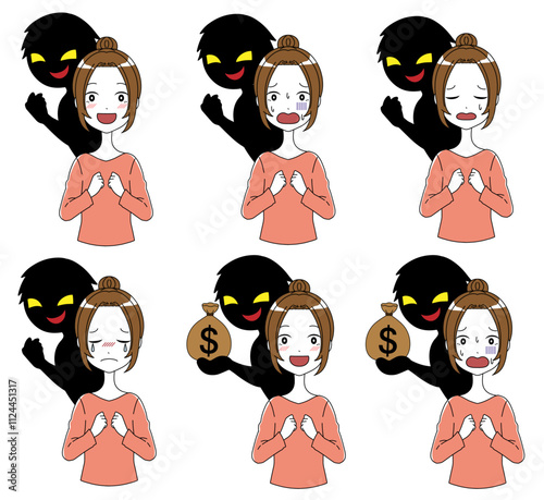 黒いシルエットの悪人と女性の素材セット