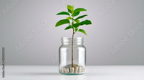 Seed of Growth: A small plant sprouts from a mason jar filled with pebbles, symbolizing growth, investment, and the potential for future success.   photo