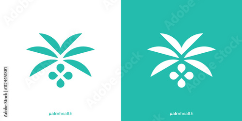 Simple Palm Health Logo. Palm Leaf and Fruits as Plus  Icon Graphic. Palm Tree Logo Design Template.
