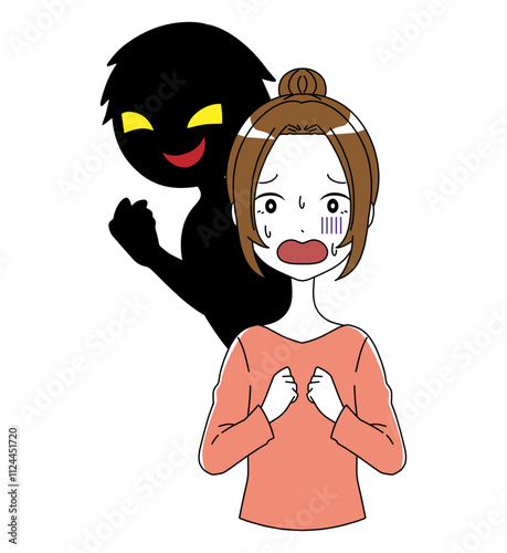 黒いシルエットの悪人と焦る女性の素材