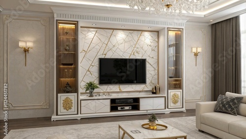 Soft taupe leather TV wall with champagne gold trims, Sophisticated leather and gold decor


