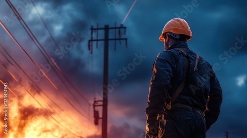 Worker in Hard Hat Observing Electrical Explosion Against Dramatic Dark Sky and Power Lines at Sunset