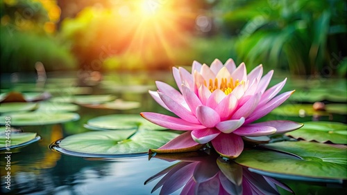 Wallpaper Mural Beautiful pink lotus flower with a green leaf in the pond, Pink, Lotus, Flower, Water Lily, Blooming, Water, Magical, Spring Torontodigital.ca