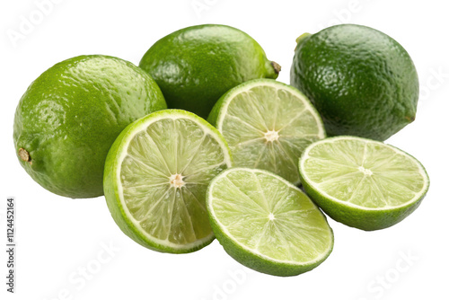 Fresh Green Limes displayed with a mix of whole and sliced pieces.