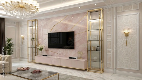 Beige linen TV wall with antique brass trims, Neutral linen and brass decor ideas

