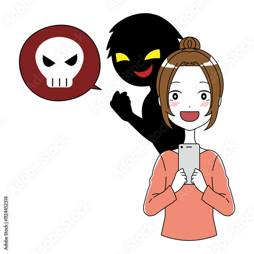 危険な話をする悪人と笑顔のスマホを持った女性