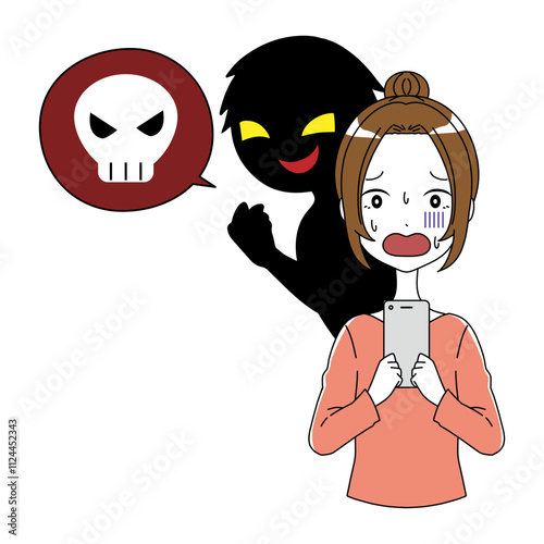 危険な話をする悪人とスマホを持った焦る女性