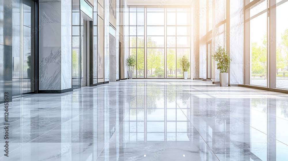 Fototapeta premium Hotel lobby with modern design. Marble walls and floors, clean and tidy. It can be used for hotels, offices, hospitals, and other similar concepts.