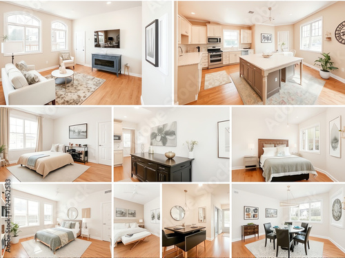 A collage featuring various rooms in a home, showcasing diverse styles and decor elements throughout the living space.