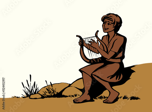 Vector drawing. Guy playing the harp