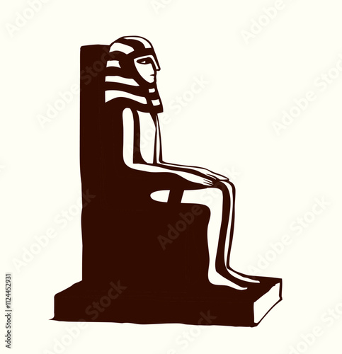 Vector drawing. Egyptian male statue. Pharaoh on the throne