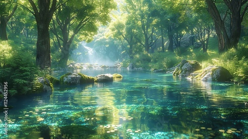 A tranquil river flowing through a dense forest, with sunlight filtering through the canopy and reflecting off the water. photo