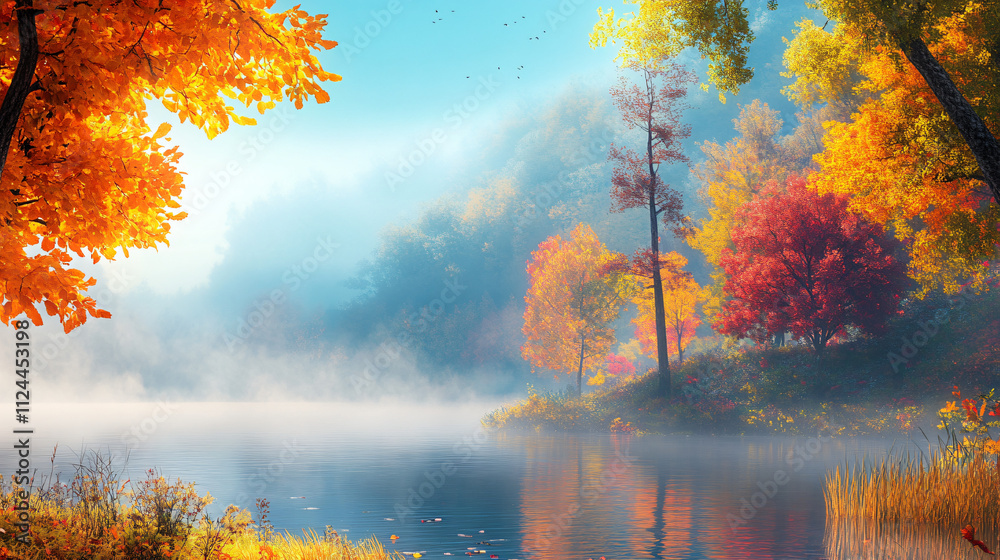 A foggy autumn morning by the lake, with the mist rolling over the water and the colorful trees lining the shore, creating a magical atmosphere. A foggy autumn morning by the lake, with the mist rolling over the water and the colorful trees lining the shore, creating a magical atmosphere.