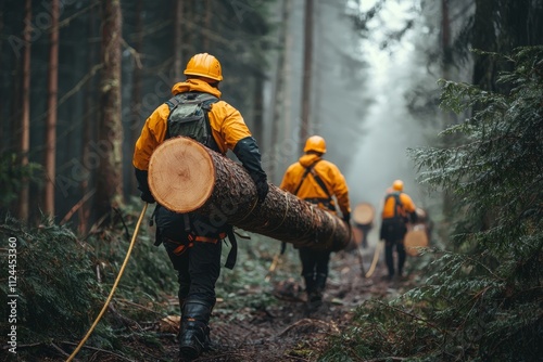 Logging team transports timber using ropes in morning mist within a mountain forest