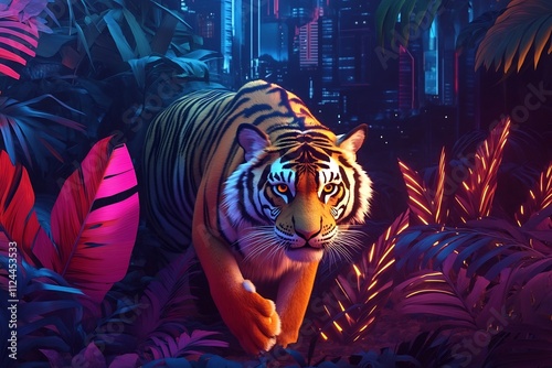 Powerful Tiger Prowling Through Neon Lit Abstract Jungle with Dystopian Urban Cityscape photo