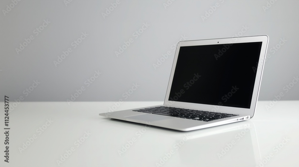 Minimalist Laptop: A sleek, silver laptop with a black screen rests on a pristine white surface, capturing a modern and minimalist aesthetic. Minimalist Laptop: A sleek, silver laptop with a black screen rests on a pristine white surface, capturing a modern and minimalist aesthetic.