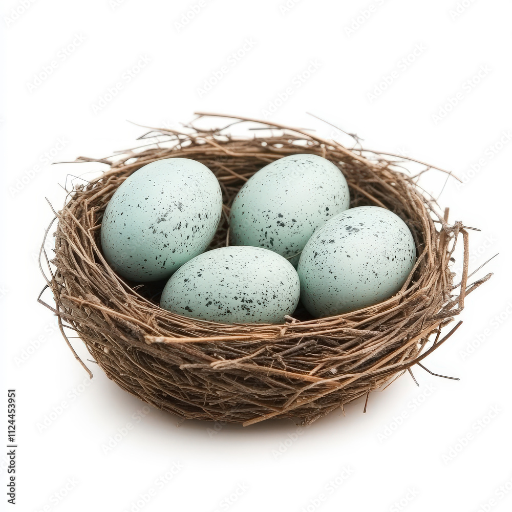 Nest with Four Speckled Blue Eggs on White Background, Natural Bird's Nest Displaying Nesting Materials and Unique Egg Patterns for Nature Photography Nest with Four Speckled Blue Eggs on White Background, Natural Bird's Nest Displaying Nesting Materials and Unique Egg Patterns for Nature Photography