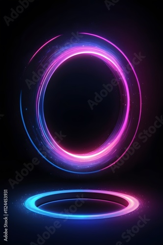 Concentric neon waves surrounding a glowing ring, with sparks illuminating the dark background.