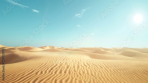 Expansive desert with golden sand dunes under a clear sky.