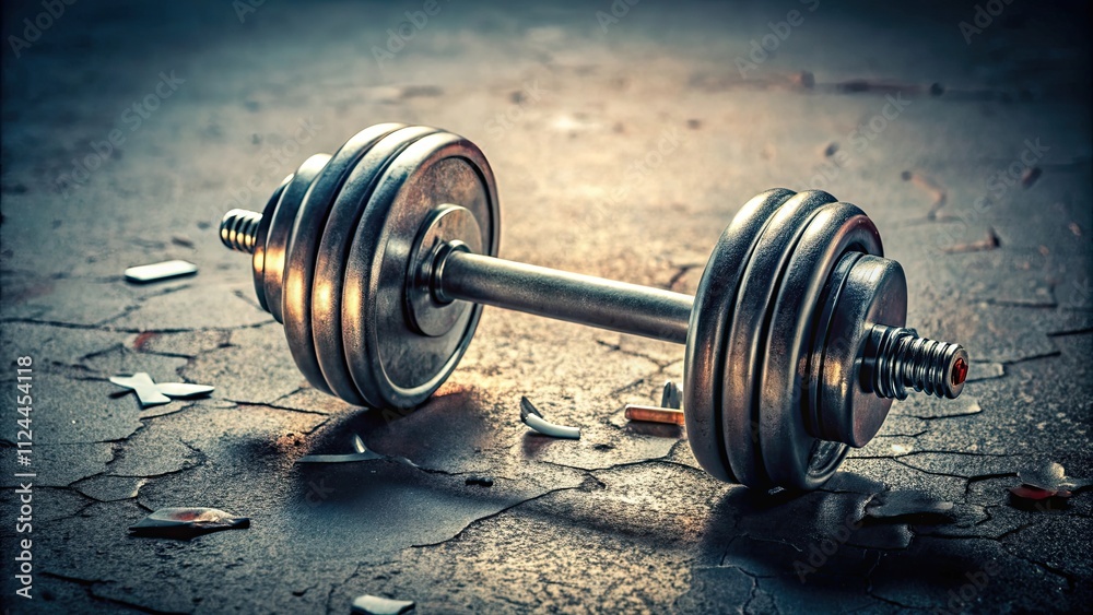 Naklejka premium Dumbbell fell on the floor and broke into pieces, fitness, gym equipment, accident, damage, shattered, workout