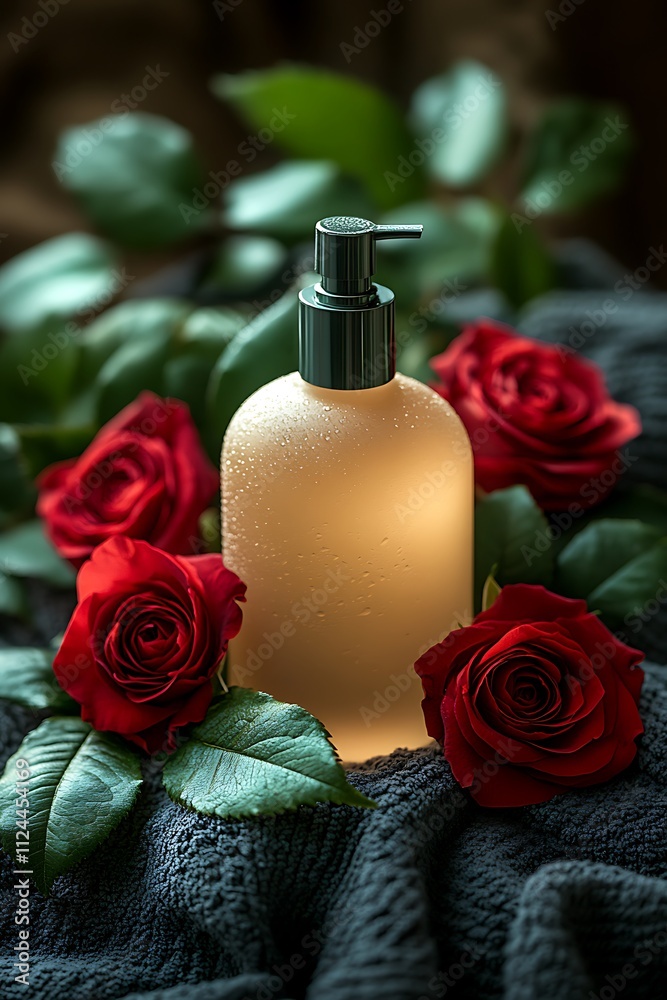 a body wash bottle placed on top of a dark cloth surrounded by red rose flower for a fresh touch. Clean aesthetic, premium, elegant. a body wash bottle placed on top of a dark cloth surrounded by red rose flower for a fresh touch. Clean aesthetic, premium, elegant.