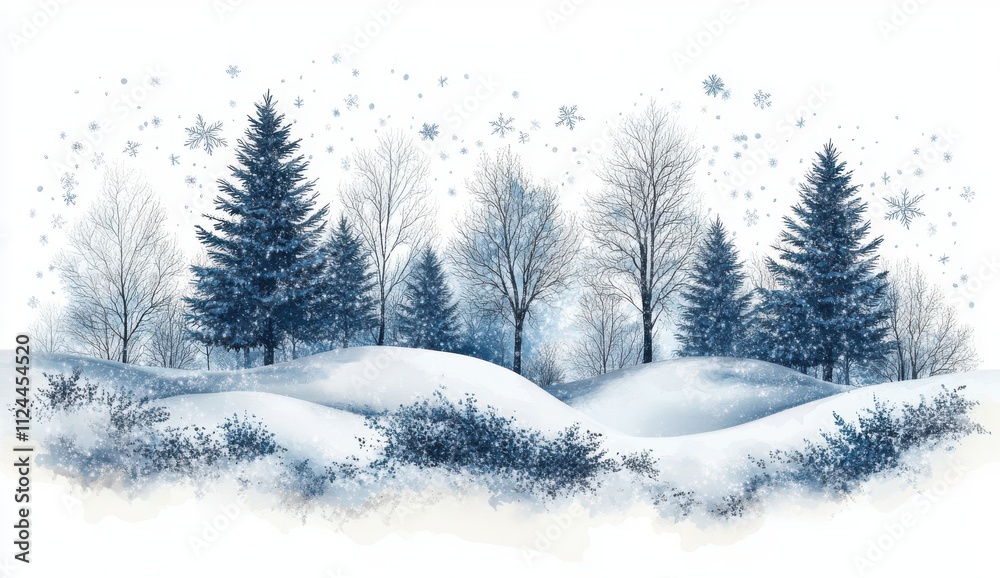 Serene Winter Landscape with Snow-Covered Trees and Soft Blue Hues, Capturing the Tranquility of a Snowy Day in a Beautiful Natural Environment Serene Winter Landscape with Snow-Covered Trees and Soft Blue Hues, Capturing the Tranquility of a Snowy Day in a Beautiful Natural Environment