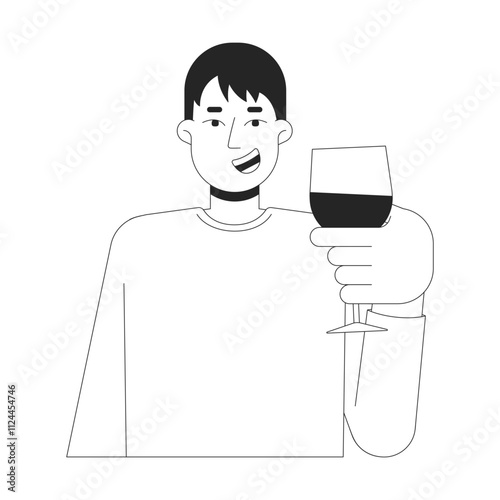 Cheerful chinese man toasting wine glass black and white 2D line character. Asian guy in casual sweatshirt cheers wineglass isolated vector outline person. Monochromatic spot illustration