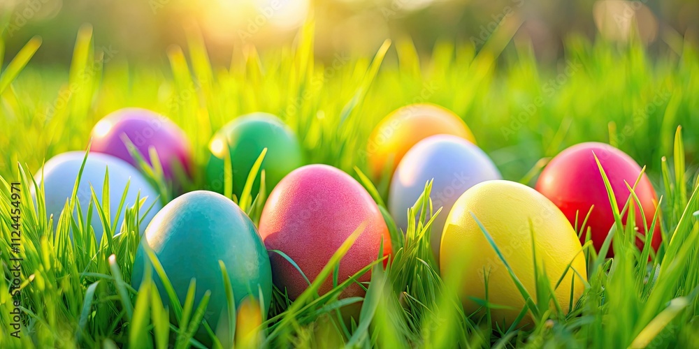 Fototapeta premium Colorful Easter eggs hidden in lush green grass field, Easter, eggs, grass, field, colorful, hidden, hunt, celebration, spring