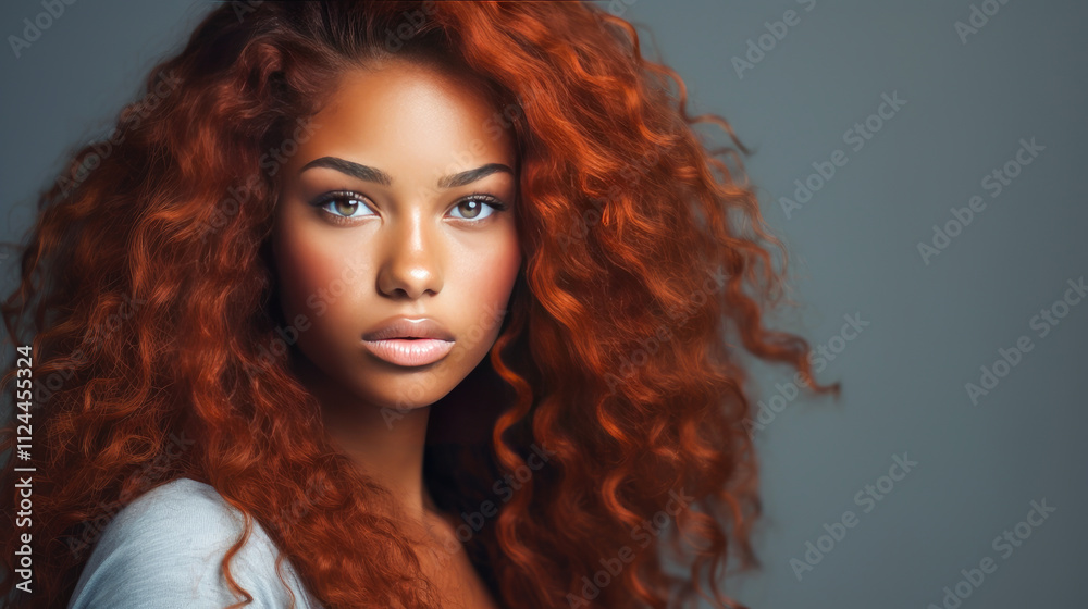 Portrait of smiling African American girl with short red hair gray background banner. Portrait of smiling African American girl with short red hair gray background banner.