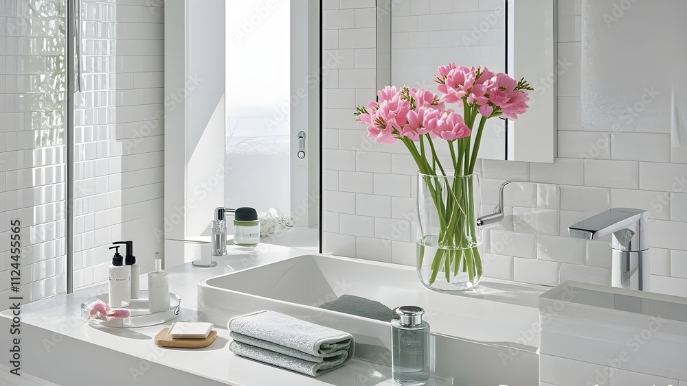 Interior of a modern bathroom with a white tile wall Interior of a modern bathroom with a white tile wall