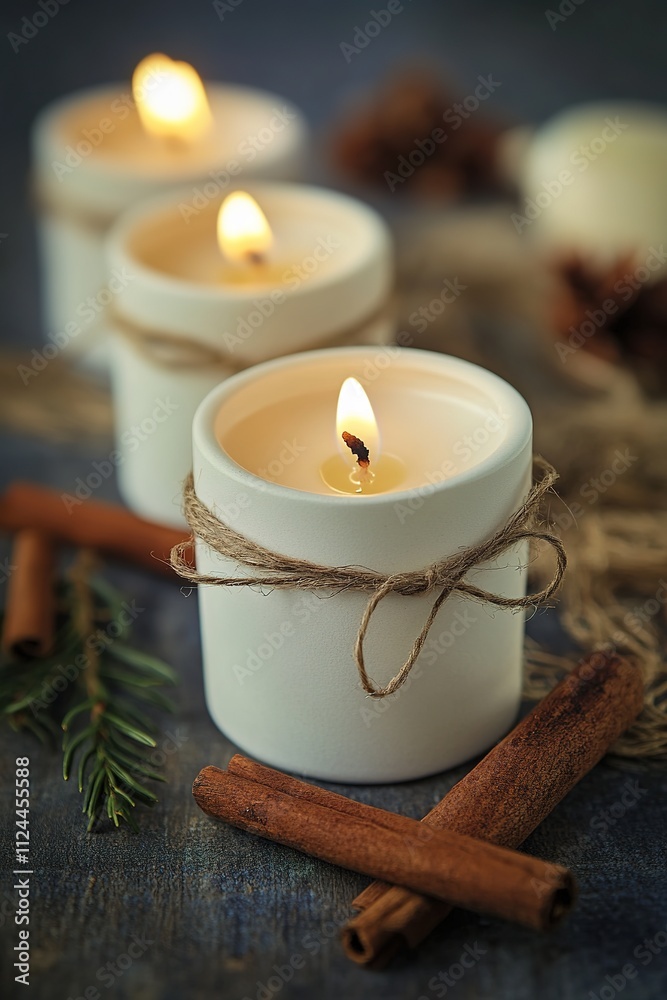 Candles with warm glow, cinnamon, festive mood Candles with warm glow, cinnamon, festive mood
