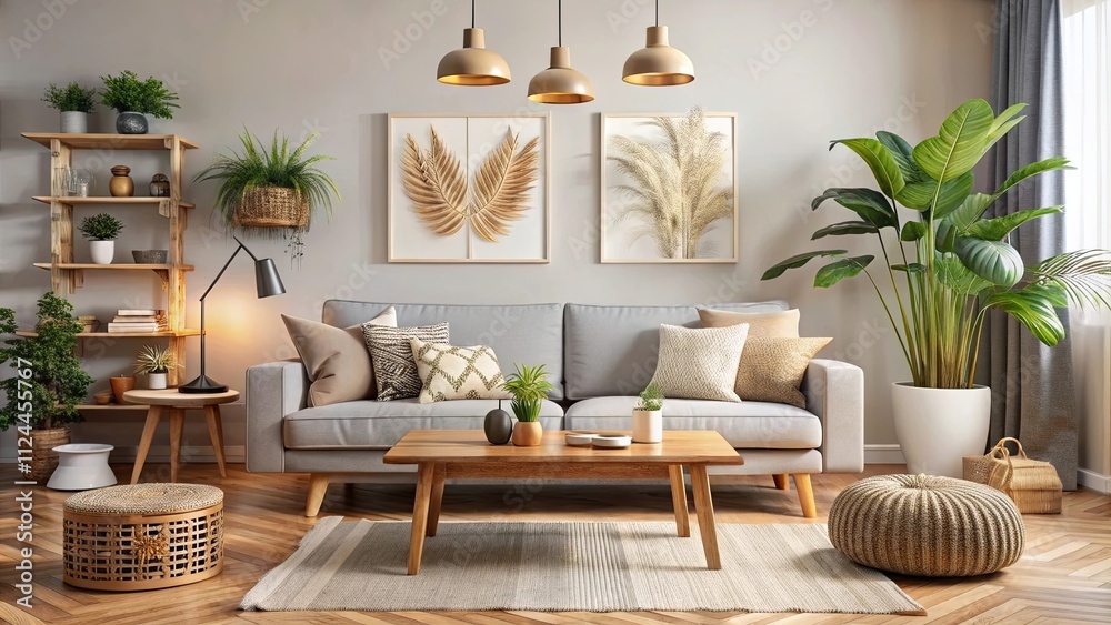 Modern boho living room with light gray sofa, wooden table, and natural decorations, boho, modern, interior, living room, cozy Modern boho living room with light gray sofa, wooden table, and natural decorations, boho, modern, interior, living room, cozy