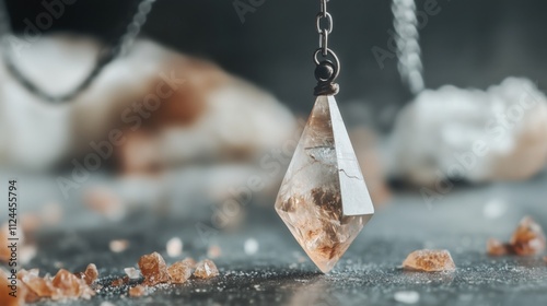 Crystal Pendulum Necklace: A captivating close-up of a crystal pendulum necklace, showcasing its intricate design and ethereal beauty, a symbol of spiritual connection and energy flow 