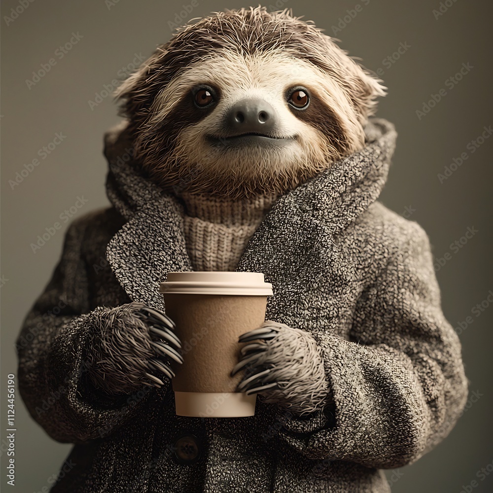 Fototapeta premium Relaxed Sloth in Formal Suit Holding Coffee Cup with Slow Deliberate Movements