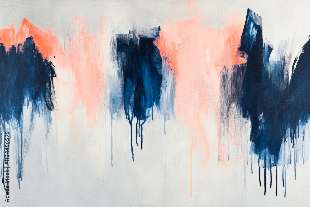 Modern Abstract Artwork with Navy Blue and Coral Drips on Canvas - Contemporary Wall Art for Home Decor and Interior Design Inspiration Modern Abstract Artwork with Navy Blue and Coral Drips on Canvas - Contemporary Wall Art for Home Decor and Interior Design Inspiration