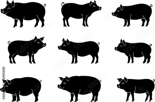 A collection of black silhouette illustrations of pigs in various poses, ideal for farm-themed designs or educational materials.