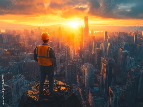 Construction Worker Contemplates Cityscape at Sunrise