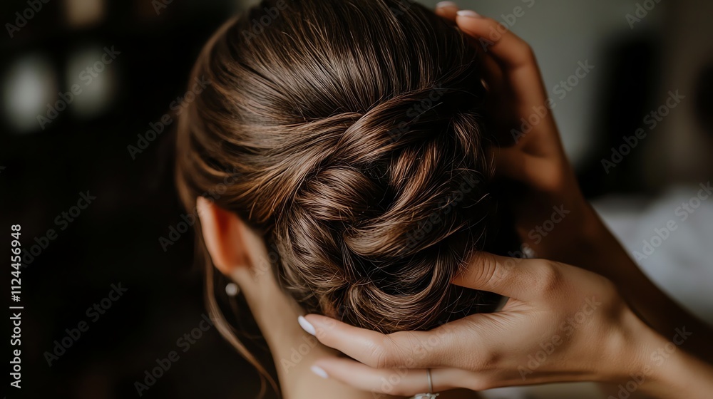 Obraz premium A woman with long brown hair touches her updo.