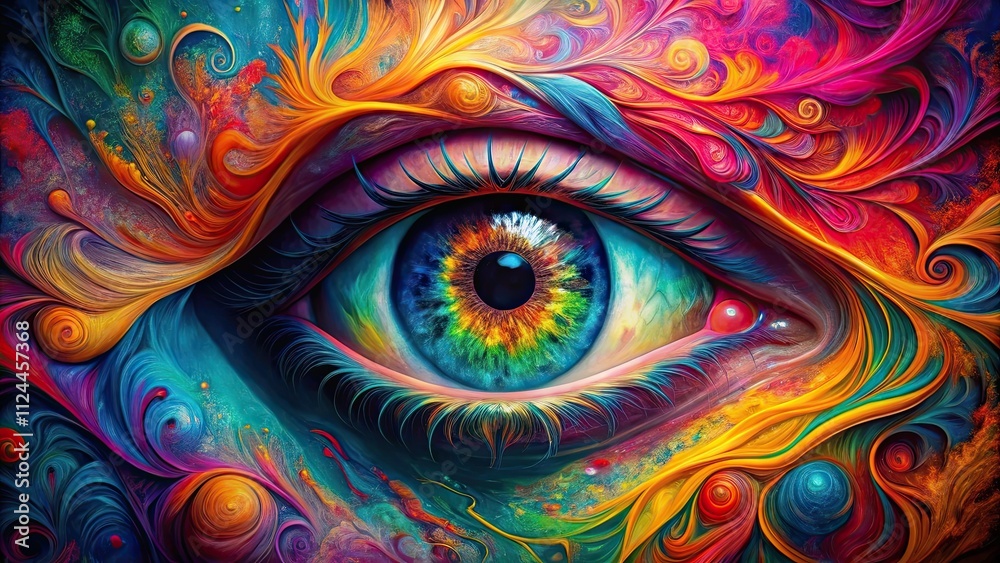 Fototapeta Colorful abstract psychedelic eye art , vibrant, trippy, surreal, artistic, hypnotic, vivid, eye-catching, vibrant