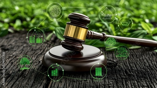 Gavel of Justice: Sustainable Business Practices -  A wooden gavel rests on a wooden table, surrounded by green foliage.  Green circular icons represent different sustainable business practices.