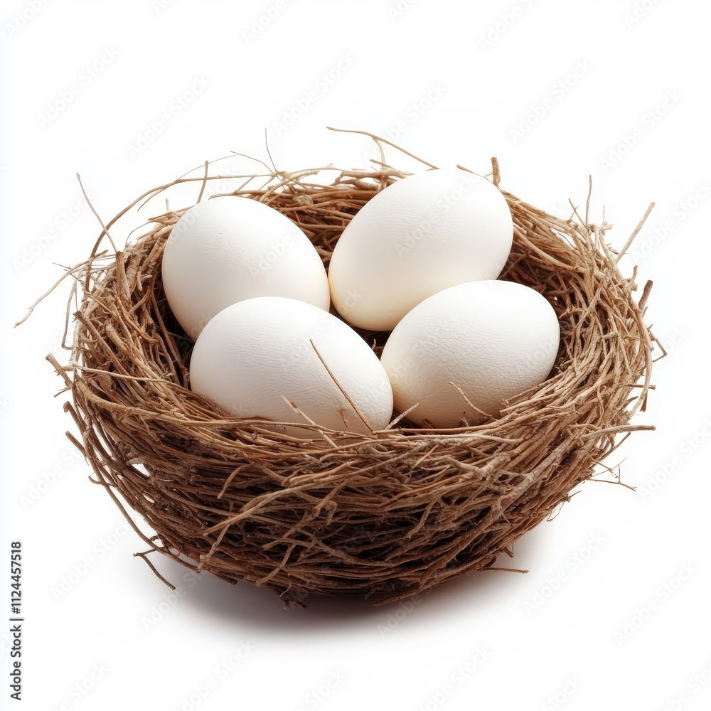Four White Eggs in a Simple Nest Made of Twigs and Grass on a Plain Background Perfect for Nature, Food, or Organic Lifestyle Themes Four White Eggs in a Simple Nest Made of Twigs and Grass on a Plain Background Perfect for Nature, Food, or Organic Lifestyle Themes