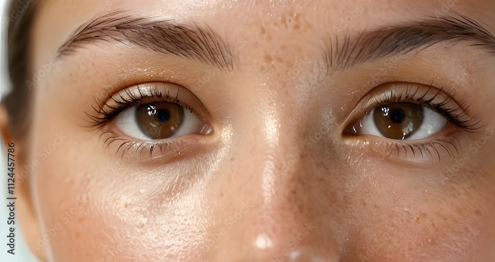 Fototapeta premium Woman's face with oily skin - shiny or greasy skin in the T-zone (forehead, nose, and chin) with enlarged pores and acne - must using oil-free products.