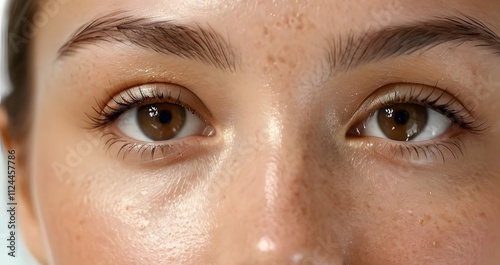 Woman's face with oily skin -  shiny or greasy skin in the T-zone (forehead, nose, and chin) with enlarged pores and acne - must using oil-free products. photo
