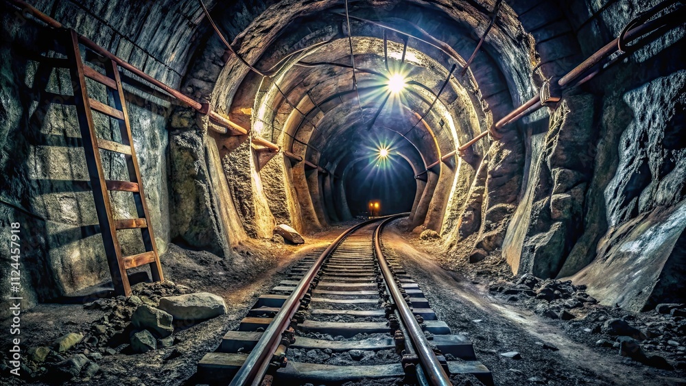 Obraz premium Dark and dusty underground mine shaft with railroad tracks, mining, underground, tunnel, industrial, abandoned, eerie, decay, rust