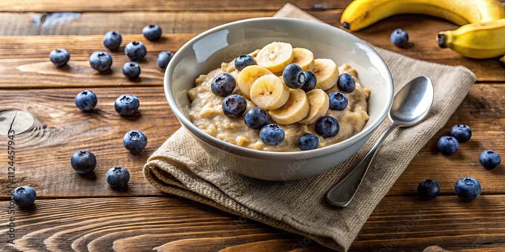 Cooked oatmeal porridge with bananas and blueberries in a bowl on a wooden table, oatmeal, porridge, bananas, blueberries Cooked oatmeal porridge with bananas and blueberries in a bowl on a wooden table, oatmeal, porridge, bananas, blueberries